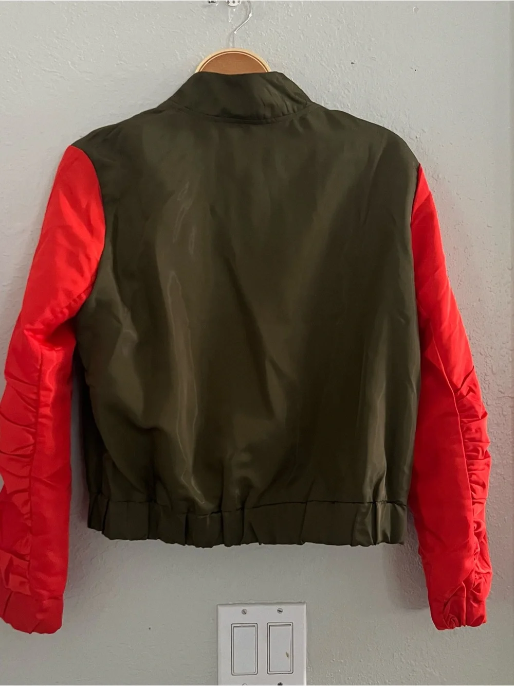 SHEIN Olive Green orange Colorblock Letter Graphic Zip-Up Bomber Jacket Sz 4